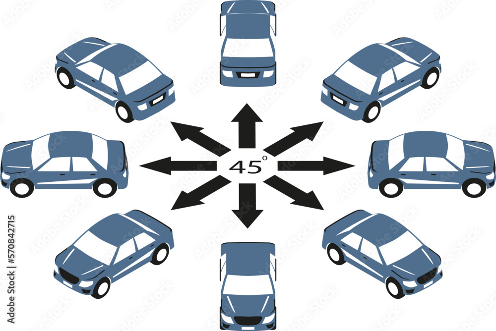 Rotation of logo car by 45 degrees. The flat cars in logo style in different angles in isometric view.