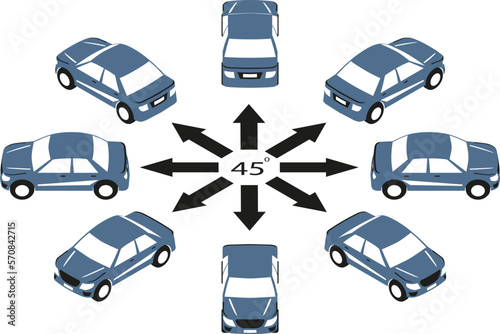 Rotation of logo car by 45 degrees. The flat cars in logo style in different angles in isometric view.