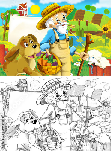 cartoon farm ranch scene with farmer boy different animals and pumpkins illustration for children sketch
