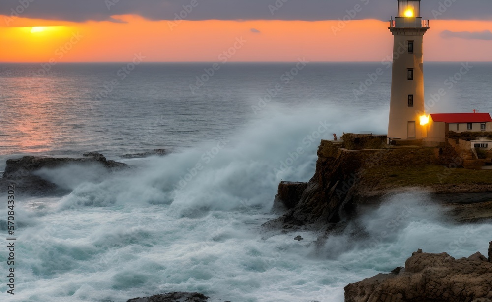 A lighthouse in the middle of the sea, with a raging sea.