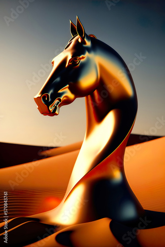 A golden horse sculpture in the desert