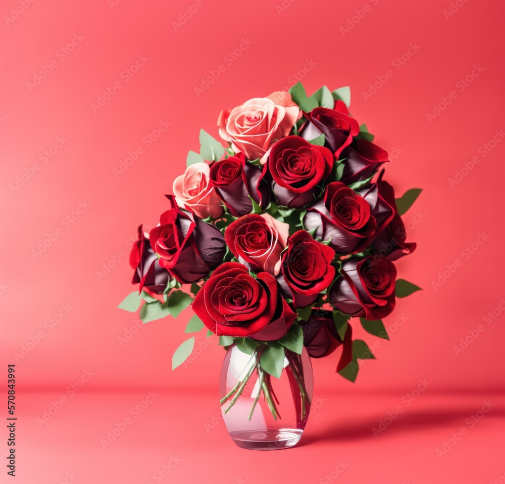 soft red background and glass filled with flowers. Bright red background. good for Romantic valentines composition background. soft red background and glass filled with flowers. Bright red background. good for Romantic valentines composition background.