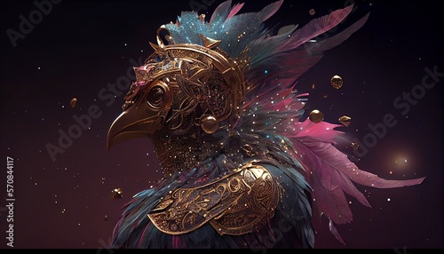 Bird in Gold Helmet Character Fantasy Portrait. Magic Bird Mascot Warrior Head Avatar in Gold Armor with Ambient Starry Night Sky Background.