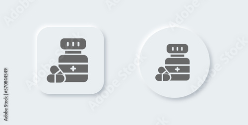 Medicine bottle solid icon in neomorphic design style. Pharmacy signs vector illustration.