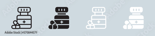 Medicine bottle icon set in black and white. Pharmacy signs vector illustration.