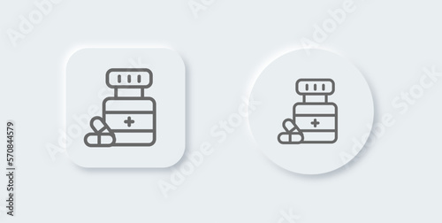 Medicine bottle line icon in neomorphic design style. Pharmacy signs vector illustration.