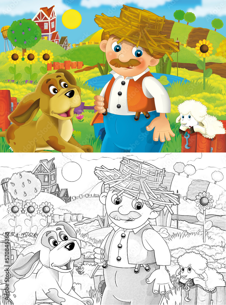 Fototapeta premium cartoon farm ranch scene with farmer boy different animals and pumpkins illustration for children sketch