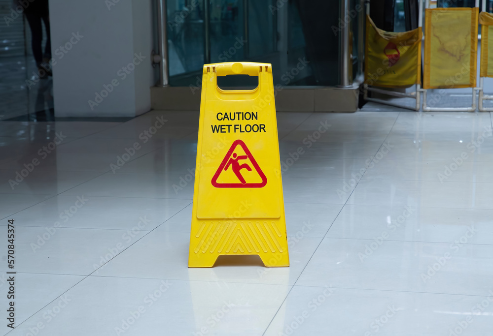 cleaning in progress sign, yellow warning wet floor sign - obrazy, fototapety, plakaty 