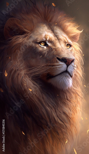 Three-quarter illustration portrait of a large and majestic lion - AI generative © Giordano Aita