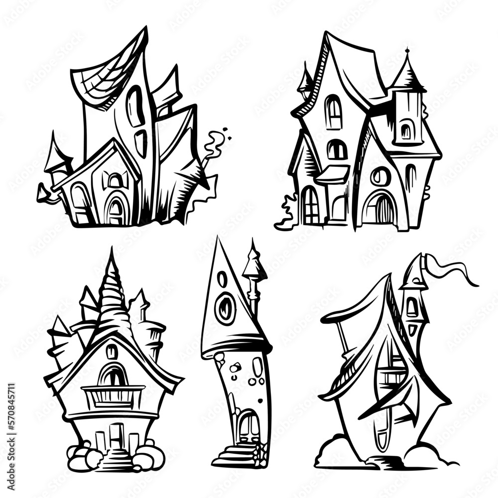 fantasy houses.mysterious, mystical, fairy-tale houses, hut, shack, entrances to the fortress. flat black and white doodle sketch illustration.