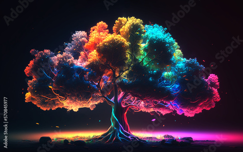 Rainbow colored tree of life created with Generative AI