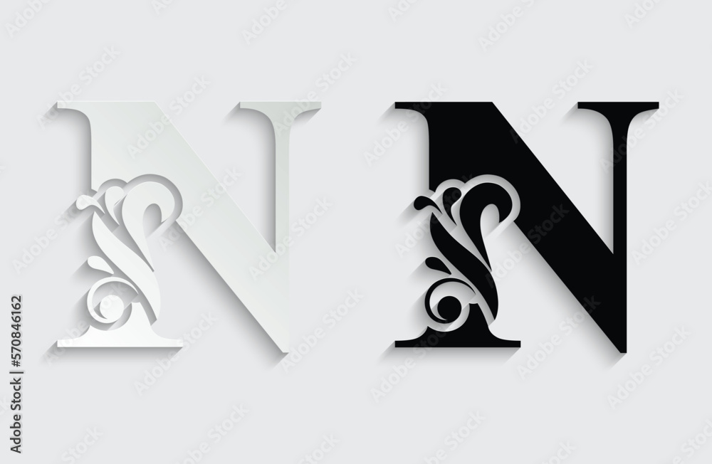 letter N. Black flower alphabet. Beautiful capital letters with shadow - obrazy, fototapety, plakaty 
