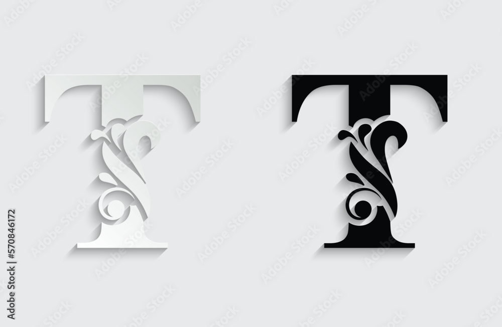 letter T. Black flower alphabet. Beautiful capital letters with shadow - obrazy, fototapety, plakaty 