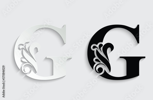 letter G . Black flower alphabet. Beautiful capital letters with shadow
