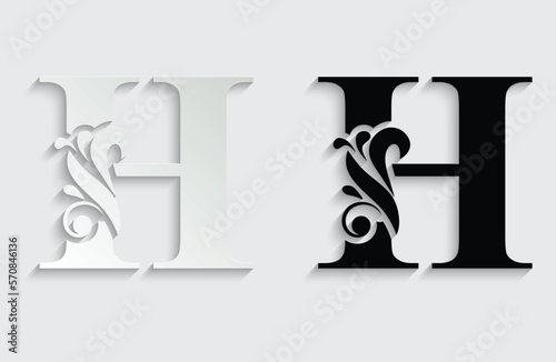 letter H. Black flower alphabet. Beautiful capital letters with shadow