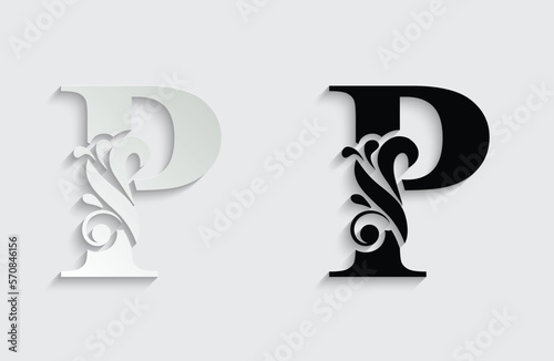 letter P. Black flower alphabet. Beautiful capital letters with shadow