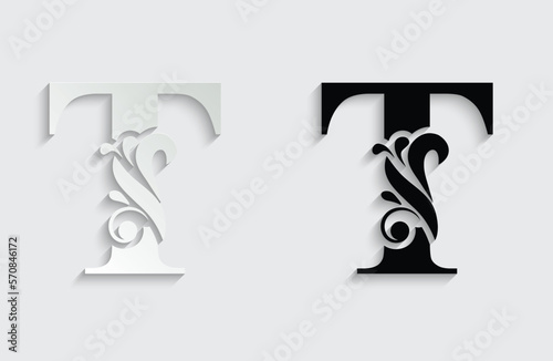 letter T. Black flower alphabet. Beautiful capital letters with shadow
