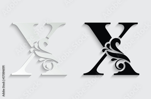 letter X. Black flower alphabet. Beautiful capital letters with shadow