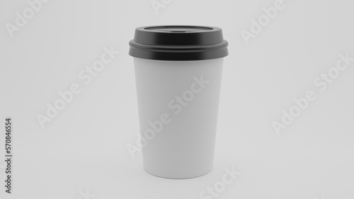 White paper coffee cup with black lid isolated on white background. Minimal concept. 3D render