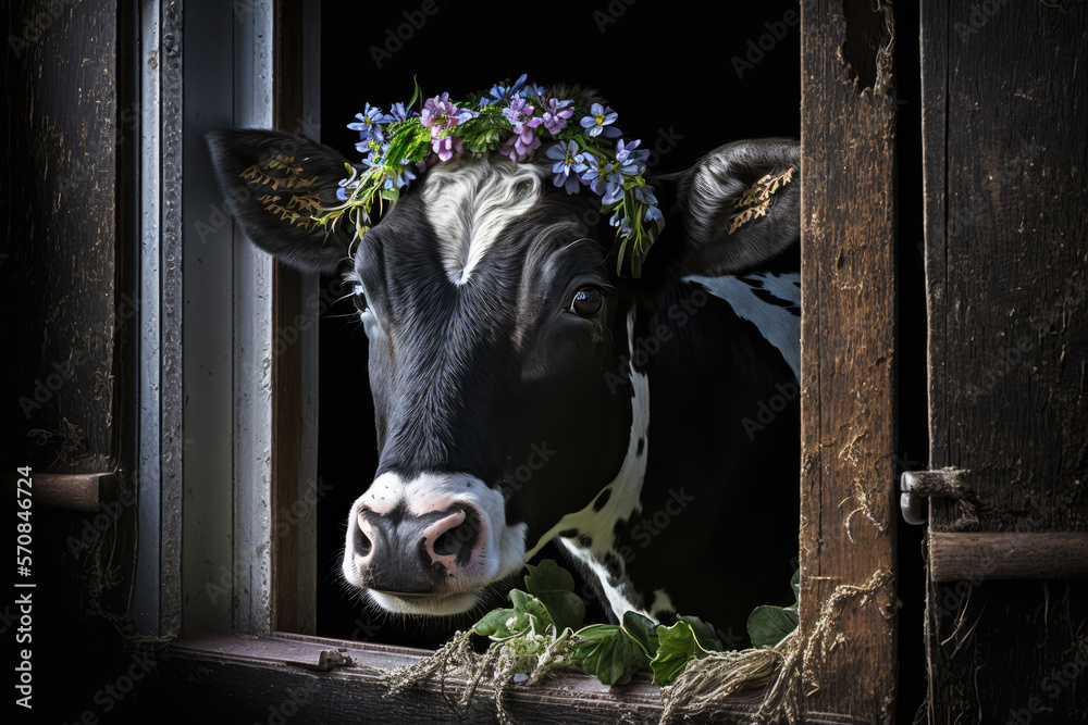 Funny cow in summer, wearing colorful flower wreath, looking out of a wooden barn window, generative ai - obrazy, fototapety, plakaty 