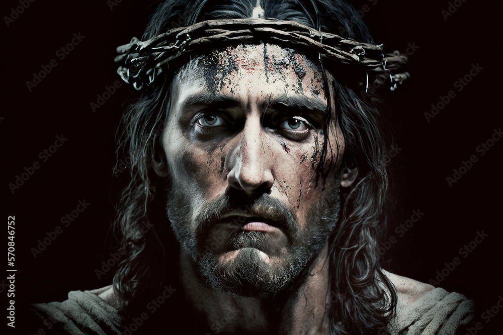 Jesus Christ with the crown of thorn front view - AI generative Jesus Christ with the crown of thorn front view - AI generative