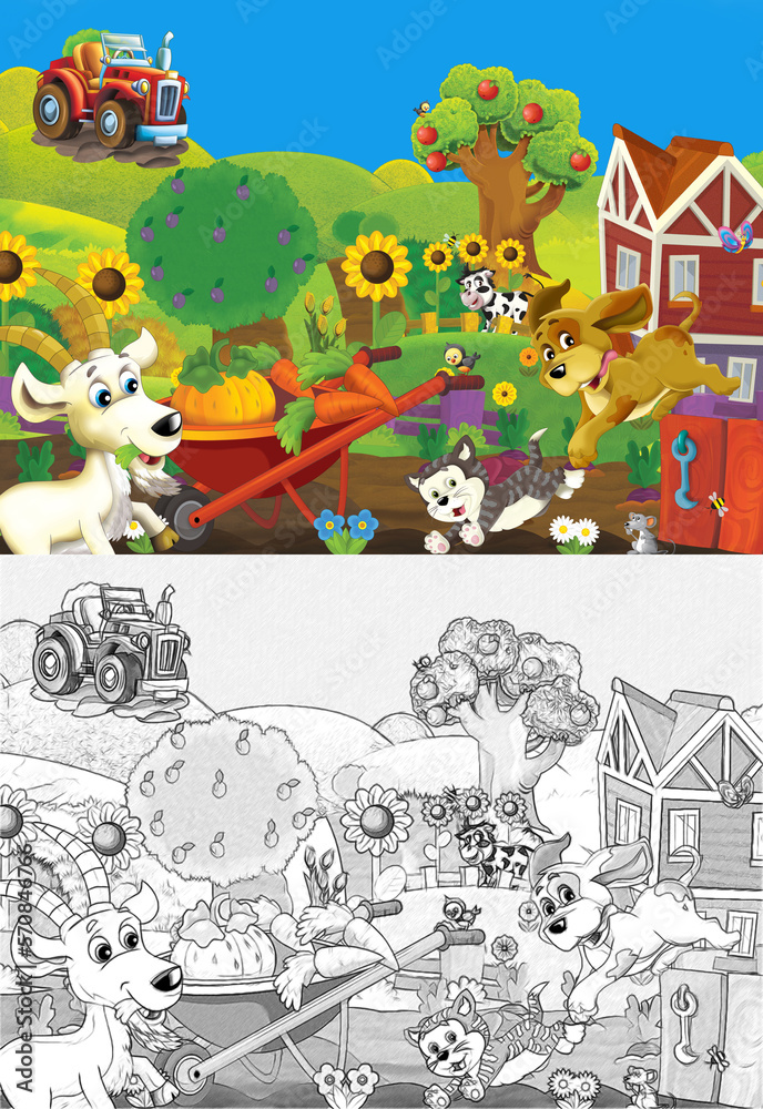 cartoon scene with farm ranch with different animals illustration for children sketch