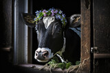 Funny cow in summer, wearing colorful flower wreath, looking out of a wooden barn window, generative ai
