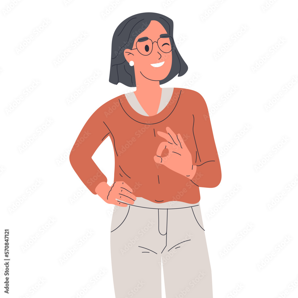 Fototapeta premium Cheerful girl showing okay sign. Woman with positive gesture, happy smiling person body language flat vector illustration on white background