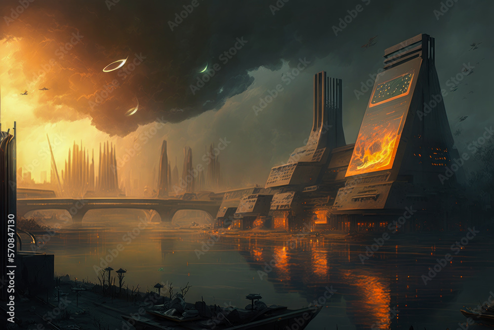 painting of futuristic city by the water. Generative AI.