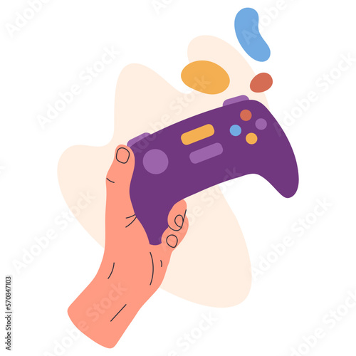 Cartoon hand holding joystick. Video game device in human hand. Flat vector symbols illustration on white background