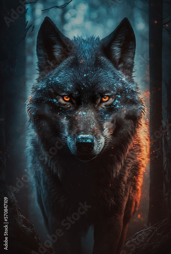 Angry black wolf. Generative AI.
 photo