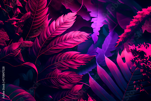 Fototapeta Naklejka Na Ścianę i Meble -  Vibrant purple and pink jungle plants. Psychedelic exotic artwork. Generative AI.	
