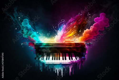 piano with colorful smoke coming out of it. Generative AI.