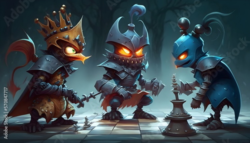 Fényképezés Fantasy chess where the pieces are alive, cartoon, stylized style, game landscap