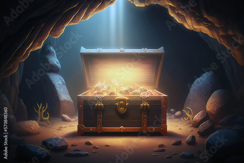 Wooden chest with gold in a cave. AI generated.