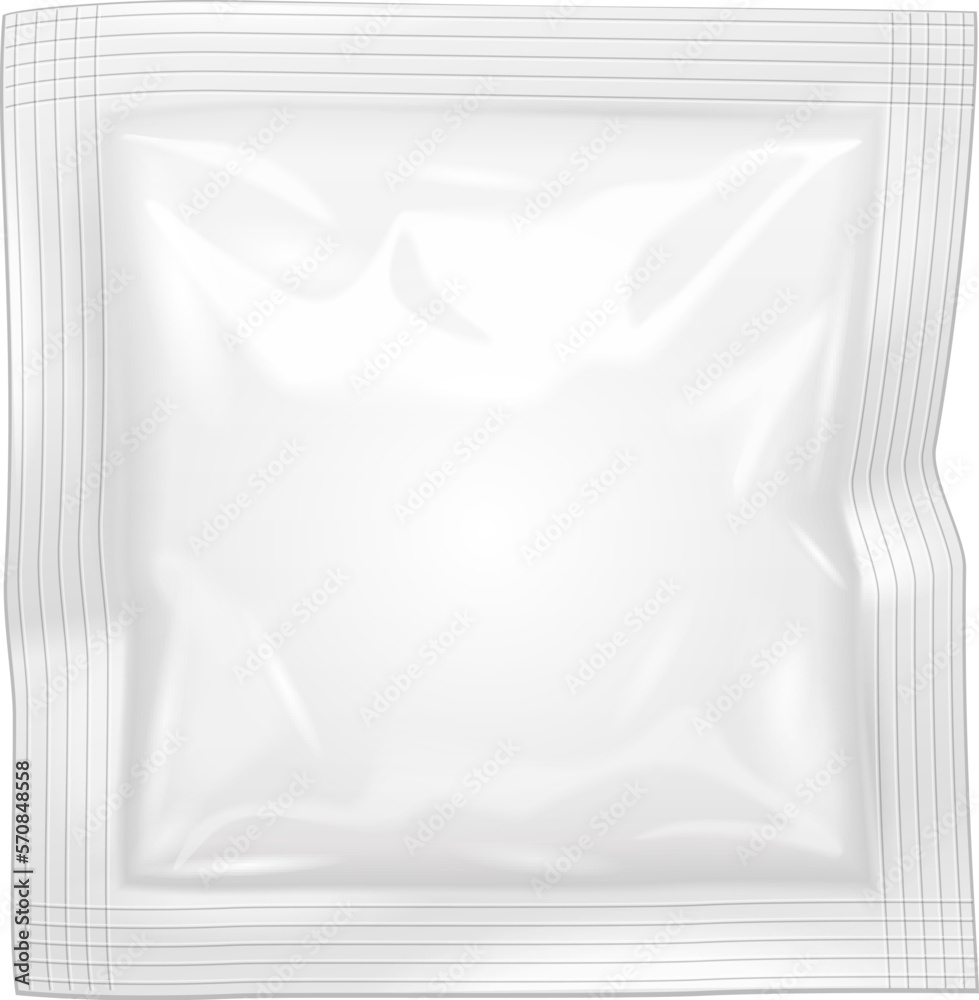 Mockup Blank Filled Retort Foil Flexible Pouch Bag Packaging. For Condoms, Medicine Drugs Or Food Product. Illustration Isolated On White Background. Mock Up Template.