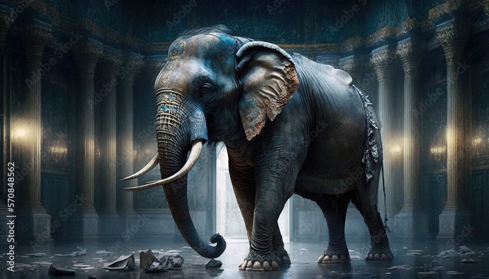 an elephant standing in a dark room with a light shining on it's head ...