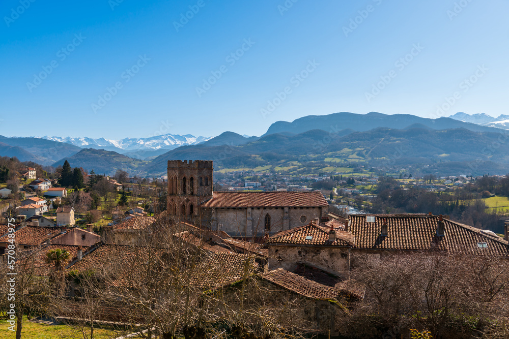Cathedral of Saint Lizier and panorama of the Pyrenees, in Saint Lizier, in Ariège, in Occitanie, France