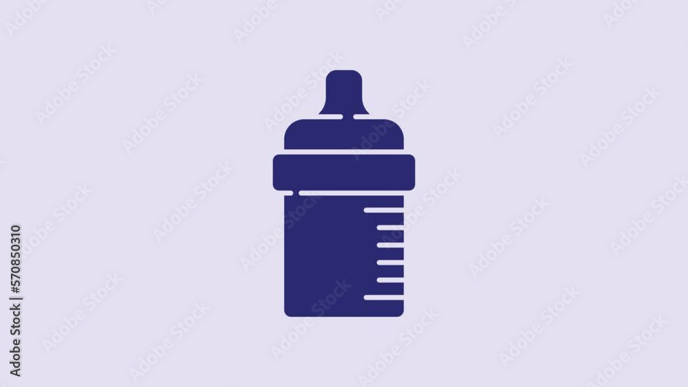 Blue Baby bottle icon isolated on purple background. Feeding bottle icon. Milk bottle sign. 4K Video motion graphic animation