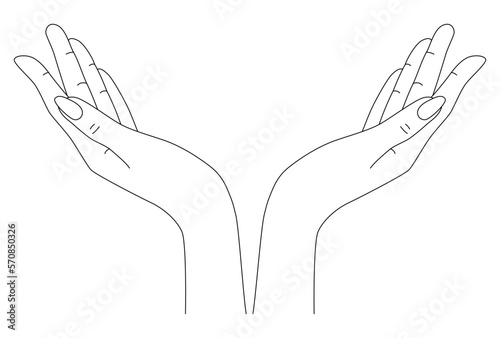 Hands. A hand-drawn line image of hands. The concept of the vector of raised hands. Voluntary charity, voting, support, hope and peace.