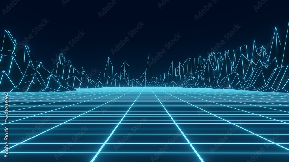 Naklejka premium Retro sci-fi landscape of mountains. Futuristic polygonal background in style 80s and 90s. Technology perspective glowing grid with 3d landscape. Abstract wireframe terrain design. 3D rendering.