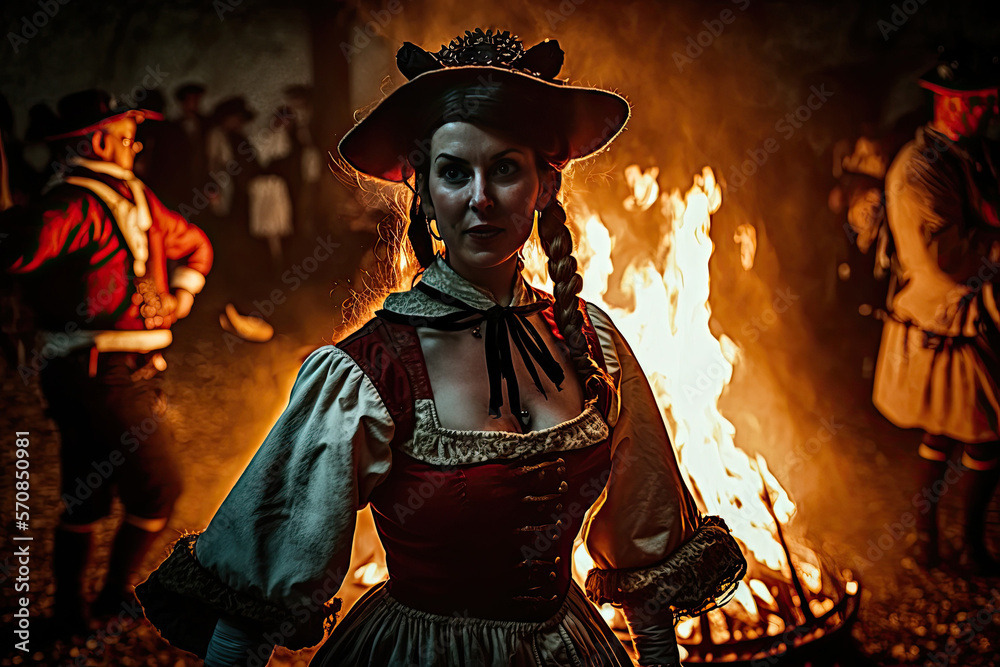 AI generated image of women in witch costume near bonfire, Walpurgis Night or Halloween celebration