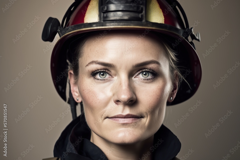 Portrait of female firefighter looking at camera. Generative AI illustration.