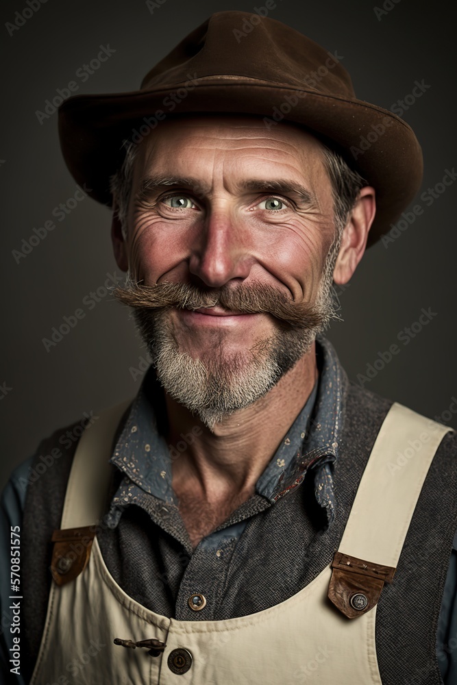 Portrait of happy farmer looking at camera. Generative AI illustration. Portrait of happy farmer looking at camera. Generative AI illustration.