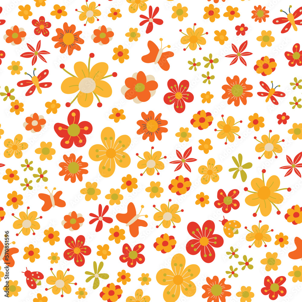 Seamless pattern bright colored summer flowers and leaves. Summer flowers on white background. The elegant the template for fashion prints. Modern floral background. Trendy style. Hand-drawn. Vector.
