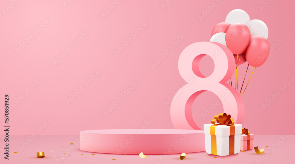 Women's day banner for product demonstration. Pink pedestal or podium with number 8 with balloons on pink background.