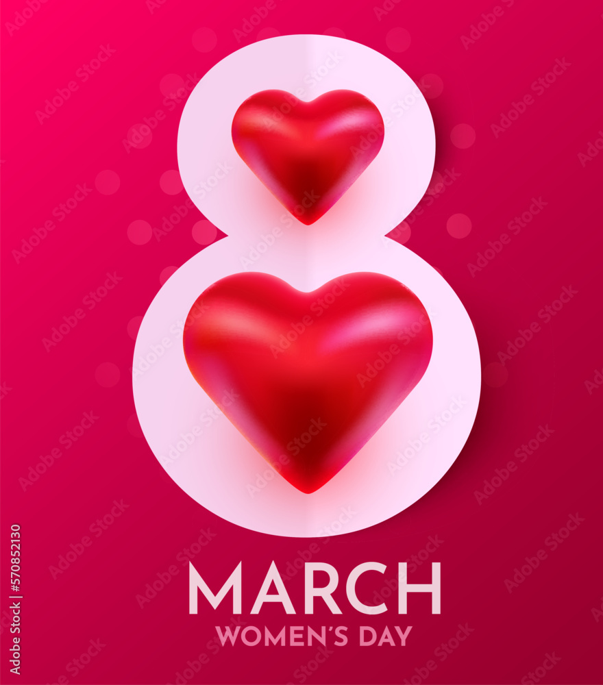 International Women's Day Banner. Flyer for March 8 with decor. Number 8. Invitation with hearts.