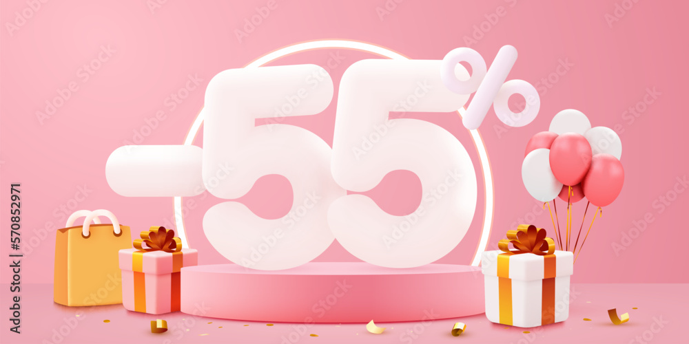 55 percent Off. Discount creative composition. Sale symbol with decorative objects, balloons, golden confetti, podium and gift box. Sale banner and poster. 55 percent Off. Discount creative composition. Sale symbol with decorative objects, balloons, golden confetti, podium and gift box. Sale banner and poster.
