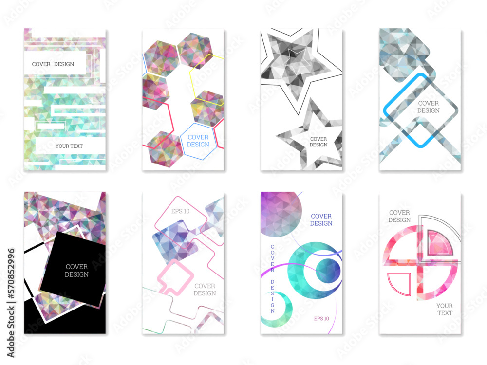 Fototapeta premium Cover design. Set of 8 covers. Imitation of crumpled paper. Unusual bright abstract background for magazine, book, splash, banner, vector. Imitation of crumpled paper