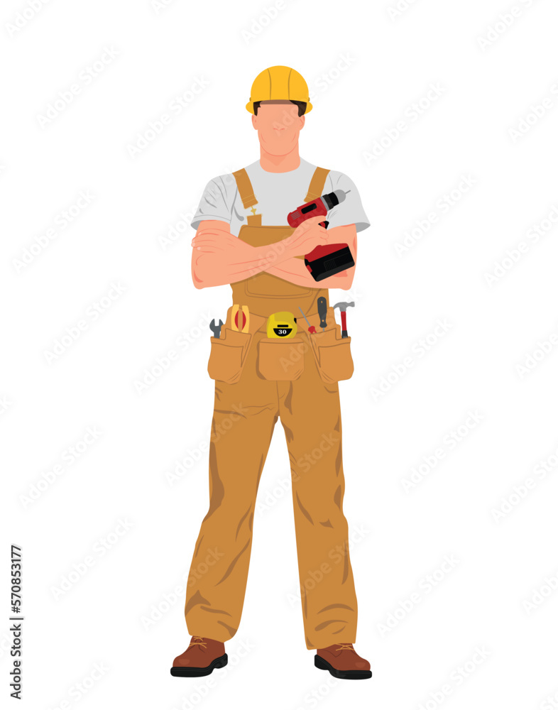 Contractor Worker, Handyman In Overall And Tool Belt Holding Drill, Repair Craftsman Illustration Contractor Worker, Handyman In Overall And Tool Belt Holding Drill, Repair Craftsman Illustration